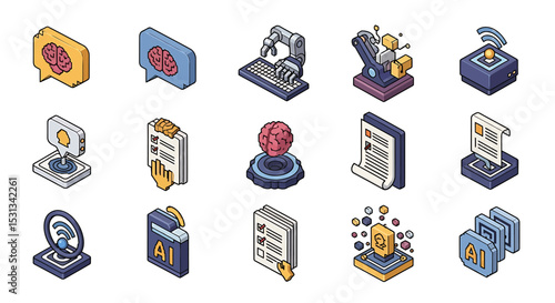 Vector icons Set of  Colorful Isometric Representations of Artificial Intelligence Concepts. Vector Illustrations