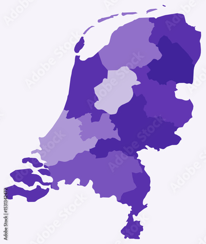 Map of the Netherlands with regions. A simple country border map with regional divisions. Features a deep purple color palette. Vector illustration.