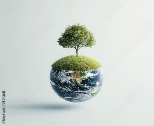 Earth with a small tree on a grassy island