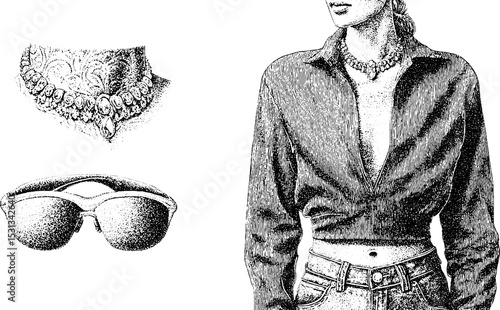 Y2k fashion ensemble with metallic jacket, low rise jeans, sunglasses, and necklace design