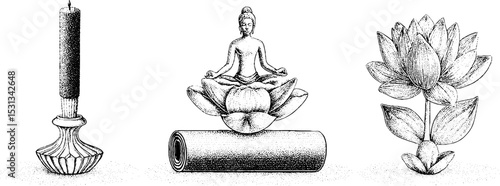 Tranquil meditation essentials with yoga mat, incense stick, and lotus