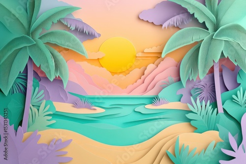 Colorful paper cut out tropical beach scene at sunset.
