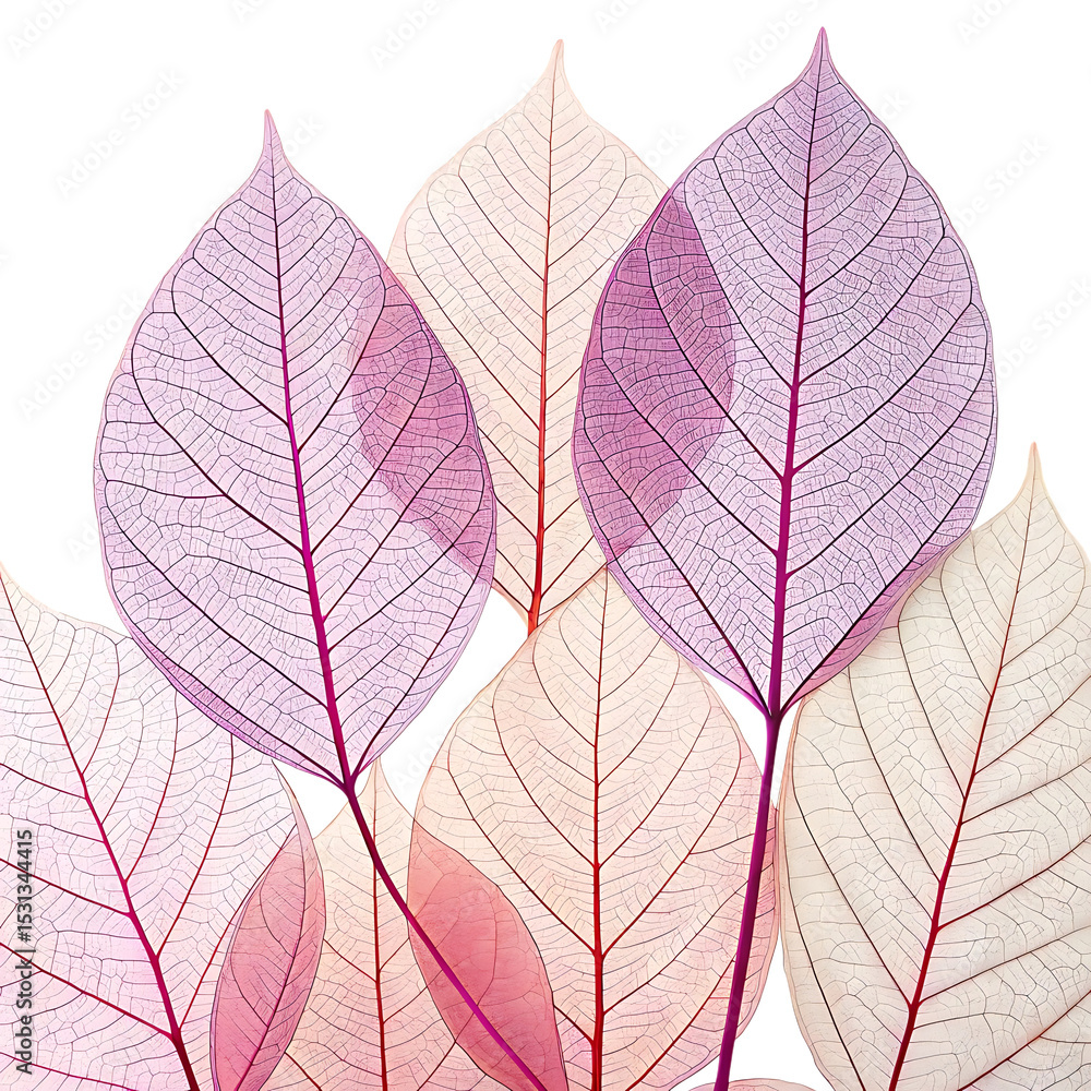 Obraz premium Translucent leaves in shades of pink and purple on white