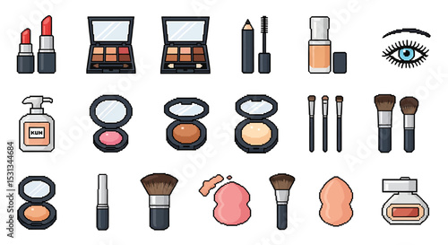 Vector icons Set of  Colorful Pixel Art Collection of Makeup Products and Tools. Vector Illustrations