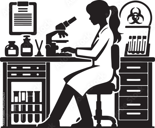 A silhouette of a scientist working in a lab with a microscope and test tubes on a table