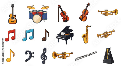 Vector icons Set of  Colorful Pixelated Musical Instruments and Notes. Vector Illustrations