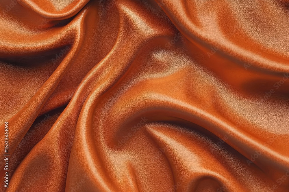 Fototapeta premium Close-up of rich orange-brown satin fabric with flowing drapes