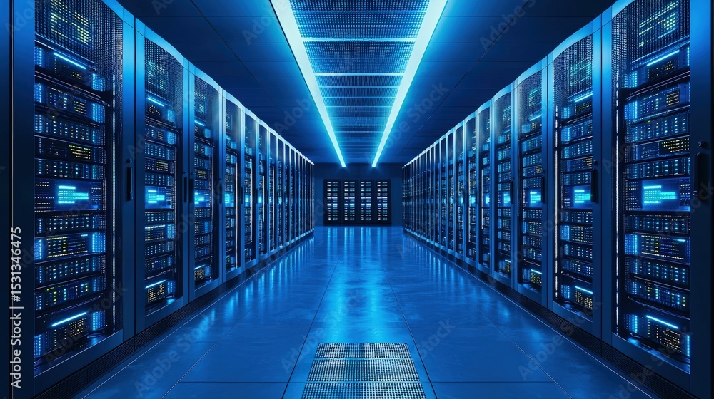 Spacious futuristic data center with glowing blue racks and reflective floors, ideal for cloud computing, cybersecurity infrastructure, or digital enterprise concepts Spacious futuristic data center with glowing blue racks and reflective floors, ideal for cloud computing, cybersecurity infrastructure, or digital enterprise concepts