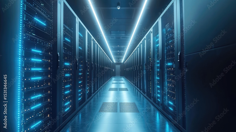 High tech data center hallway with glowing blue server racks and overhead lighting, perfect for showcasing cloud systems, cybersecurity, or IT operations visuals High tech data center hallway with glowing blue server racks and overhead lighting, perfect for showcasing cloud systems, cybersecurity, or IT operations visuals