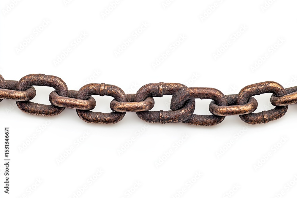 A rusted metal chain stretches horizontally across a white background. The links are connected, forming a continuous line A rusted metal chain stretches horizontally across a white background. The links are connected, forming a continuous line
