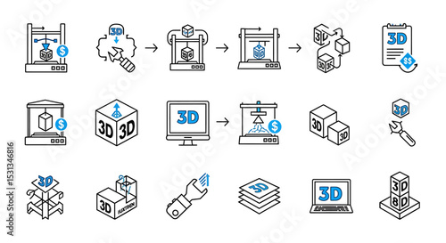 Vector icons Set of  Comprehensive Guide to 3D Printing Process and Design. Vector Illustrations