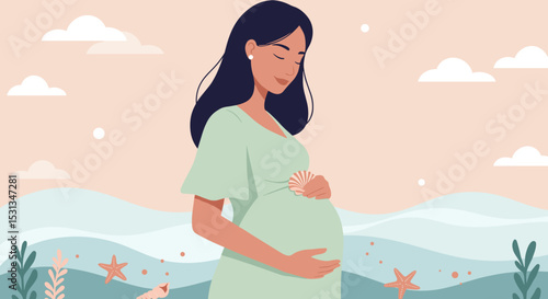 Pregnant woman puts hand on belly with seashell, thus calming baby with sound of shell, for resources on motherhood and parenthood