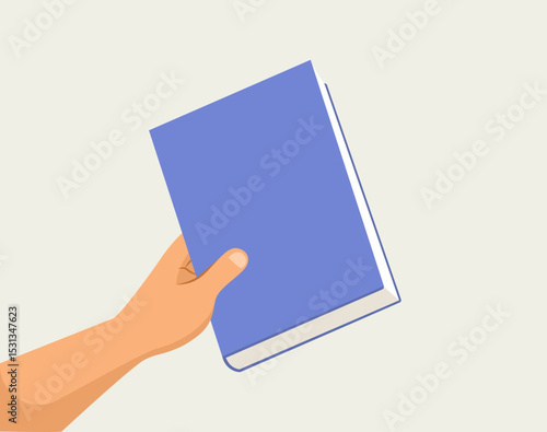 Cartoon close-up of an elementary student’s hand holding a book vector illustration. Drawing for education, literacy and school related design elements