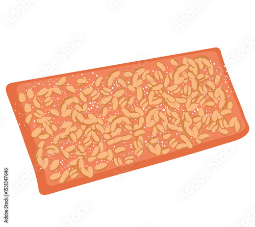 Vector cartoon illustration of Coca de Llardons, a savory Catalan pastry made with pork cracklings and pine nuts, enjoyed during Saint John’s holiday celebration