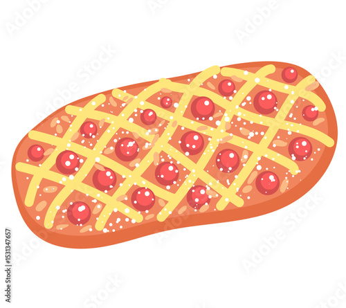 Cartoon of Coca de San Joan topped with pastry cream vector illustration. A delicious festive cake traditional to Catalonia during Saint John’s Eve
