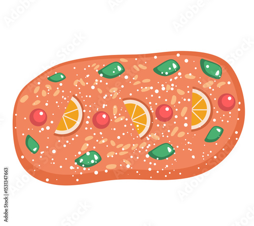 Cartoon drawing of the traditional Coca de San Joan cake, a sweet bread served during Saint John's Eve in Spain vector illustration. Vector illustration for traditional food of Spanish culture