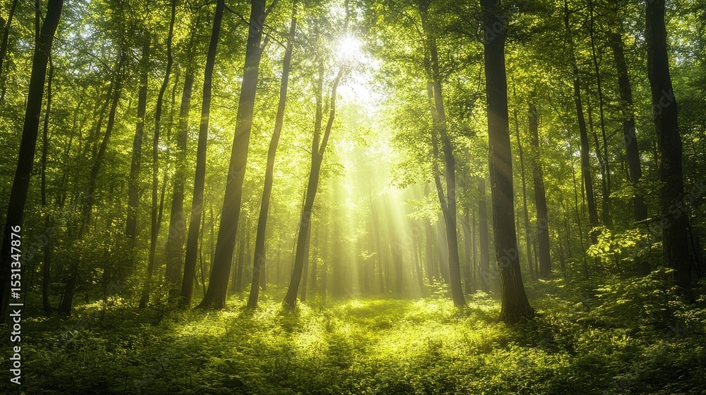 Fototapeta premium Lush green forest with dappled sunlight filtering through leaves, woods, sunlight