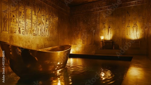 Gold boat in an ancient Egyptian tomb-like setting