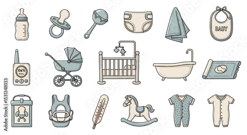 Vector icons Set of  Cute Baby Care Items in Pastel Shades. Vector Illustrations