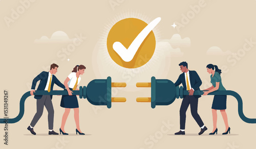 Diverse business team achieving success: Collaborating to connect a plug and socket, symbolizing partnership and completion.

