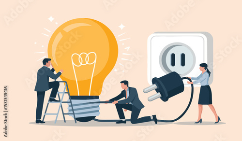 Business team powering up an idea: Collaborating to connect a giant light bulb, symbolizing innovation and problem-solving.

