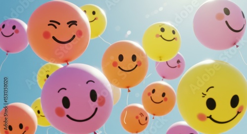 Colorful smiley face balloons float joyfully against a bright blue sky.