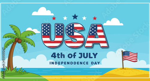 Celebrating USA's 4th of July Independence Day Beach Scene Illustration