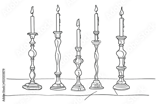 Set of hand drawn vintage elegant candles and candelabra. Vector illustration in retro sketch parisian style.