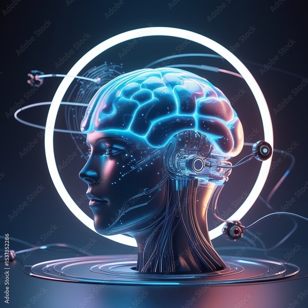 Obraz premium Futuristic AI-Human Hybrid with Neural Interface and Glowing Brain