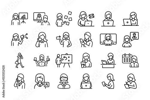 Digital Business Concept: Professional Woman Working on Laptop and Smartphone for Online Marketing Strategy and Remote Work Management. Editable stroke