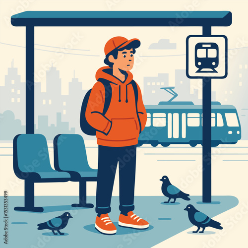 A young person stands at a tram stop vector icon illustration 2