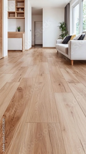 Minimalist Interior Design with Light Wooden Flooring and Natural Light Creating a Bright and Airy Ambience.