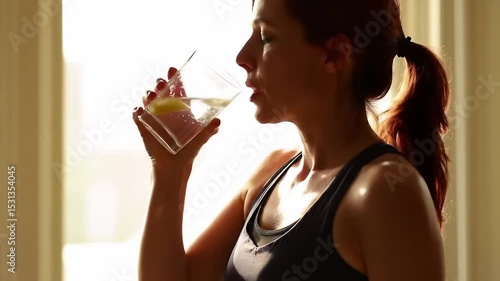 Fit woman rehydrates with refreshing lemon water after home workout
