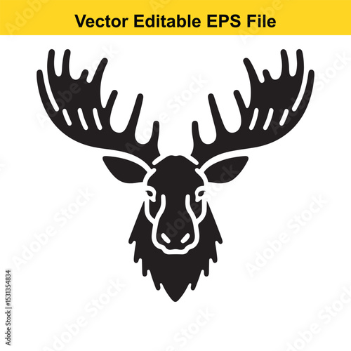 A majestic moose head with large antlers, depicted in a simple, bold, black silhouette style.
