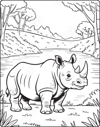 Cute cartoon rhino beside a lake in jungle natural scene vector line art illustration for children coloring page design