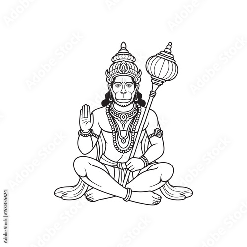 Hanuman sitting pose with mace line art vector for spiritual hindu god illustration design

