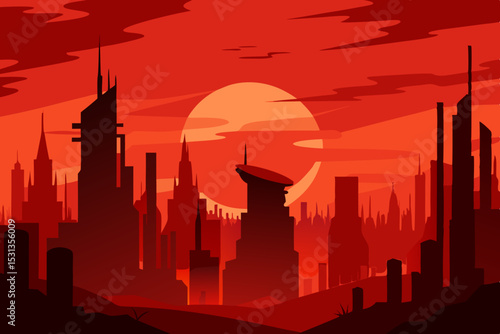 Futuristic cityscape at red sunset silhouette