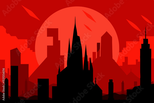 Red cityscape silhouette at sunset with meteors