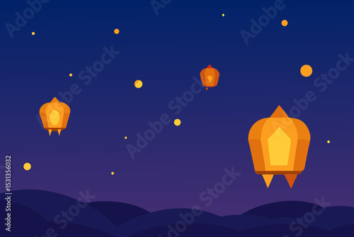 Floating sky lanterns night landscape illustration