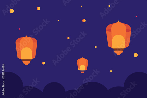 Floating sky lanterns at night