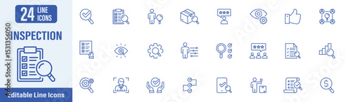 Inspection web icons in line style. Contains icons as inspection, survey, quality, testimonial, feedback, review and more. Vector illustration.