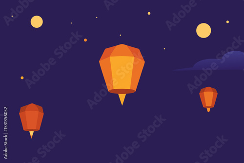 Floating sky lanterns at night with moons