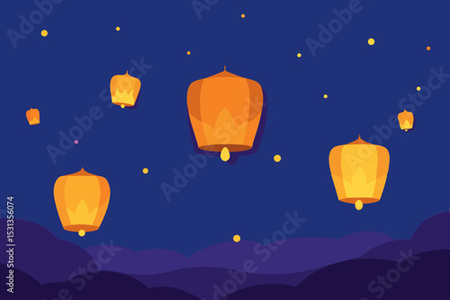 Floating sky lanterns at night festive background