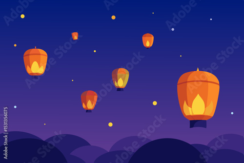 Floating sky lanterns at night over hills