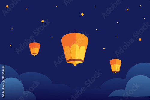 Three sky lanterns floating in night sky