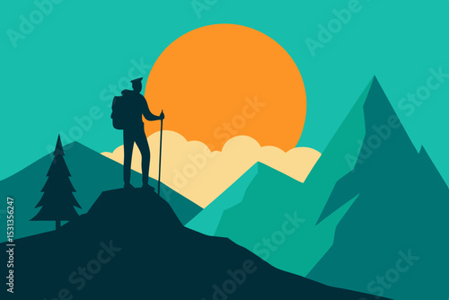 Silhouette of hiker on mountain peak at sunset