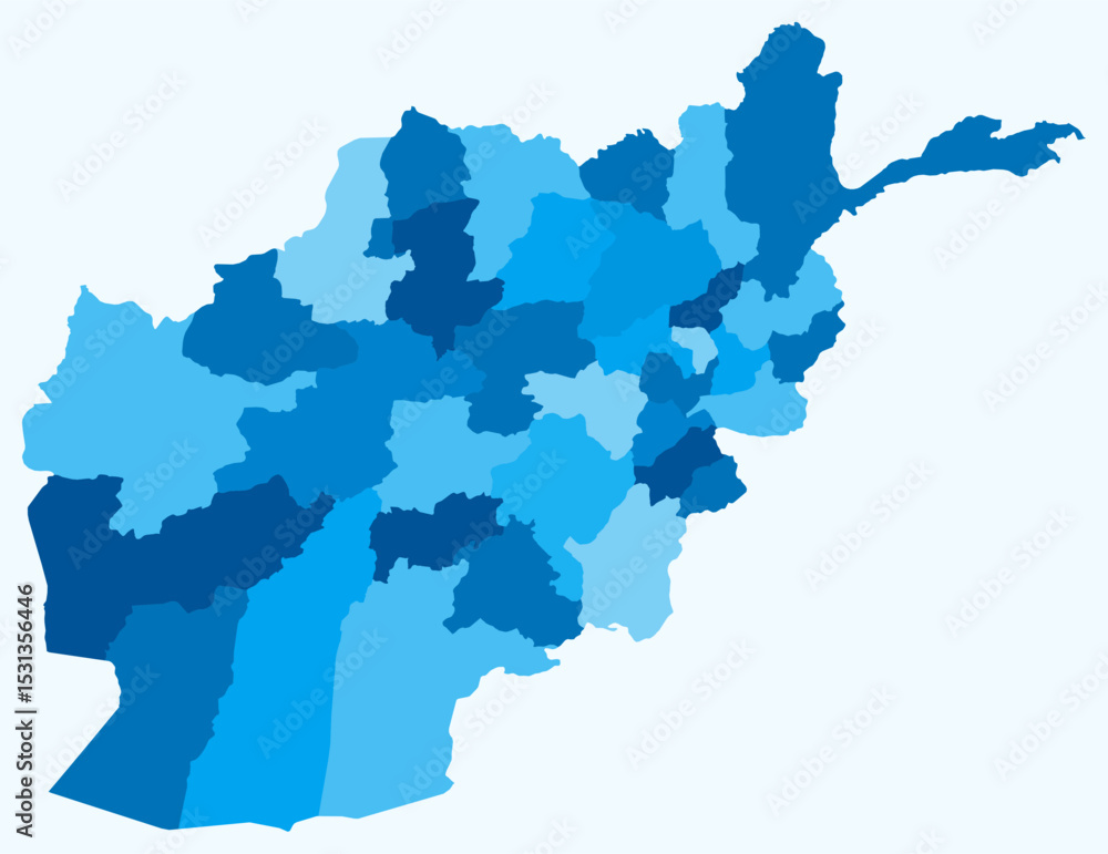Obraz premium Map of Afghanistan with regions. A simple country border map with regional divisions. Light blue color palette. Blank Afghanistan shape with administrative division. Vector illustration.