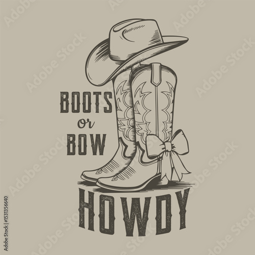 Boots or bow howdy t shirt. Cowgirl boots with a charming bow.  Aesthetic Hand Painted Illustration. vintage retro cow girl tee. summer vector. cow girl. print design. cowgirl t shirt design
