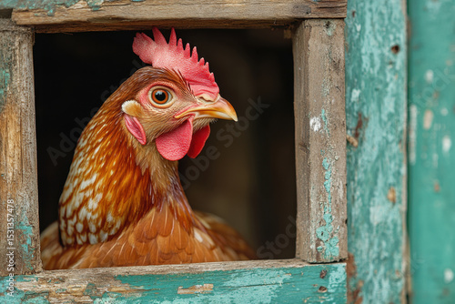 A chicken gazes out of a barn window, curious and observant.