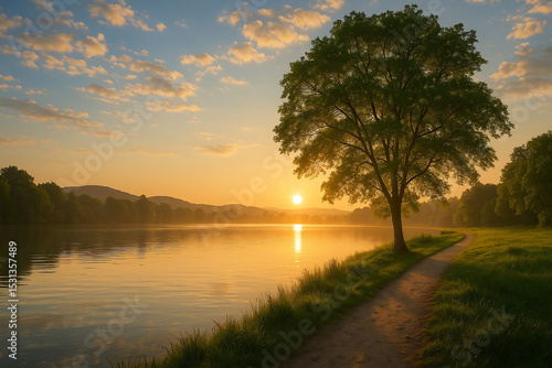 Scenic sunrise at peaceful lakeside with tree and dirt path, golden light reflecting on calm water, tranquil morning vibe.